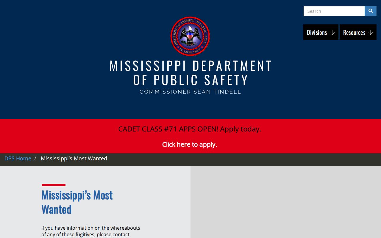 Mississippi DPS statewide wanted-list interface for Jefferson County warrant-record research